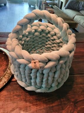 Handwoven Braided Fabric Storage Basket in Light Teal
